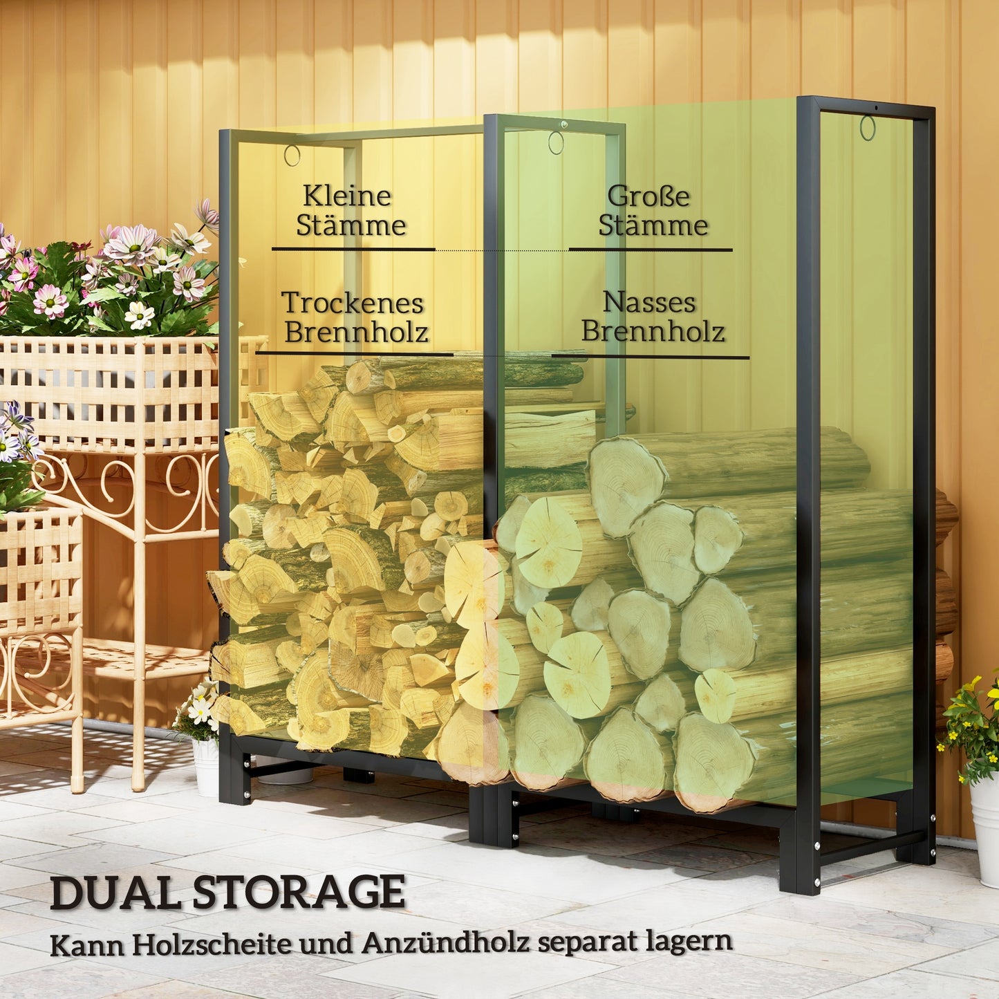 Brandhoutstandaard – Houtopslag – Houtrek – Haardhouthouder – Houtbok – Zwart – Roestvrij Stalen Frame – Draagvermogen 200 kg – 123x32x115 cm