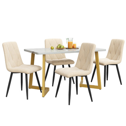 Eettafelset – Tafel met Stoelen – Eettafel en Stoelenset – Diningset – Beige Velvet Stoelen – 117×68×75 cm MDF Marmerlook Tafel – Gouden Metalen Poten