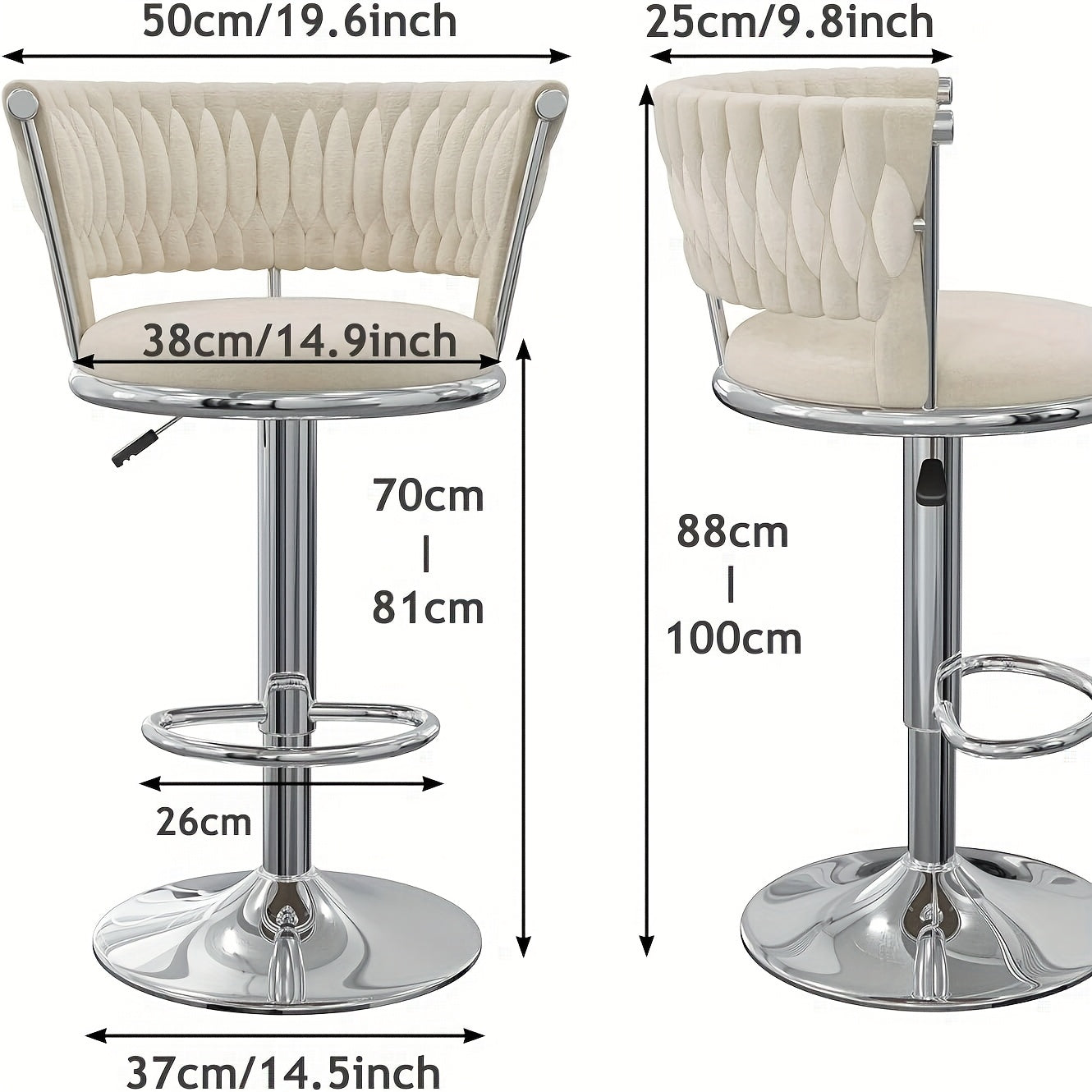 Set van 2 Barstoelen met Gevlochten Rugleuning – Velvet Keukenkrukken, Hoog, Verstelbaar en Draaibaar – Zilverkleurige Barkrukken voor Keuken of Bar