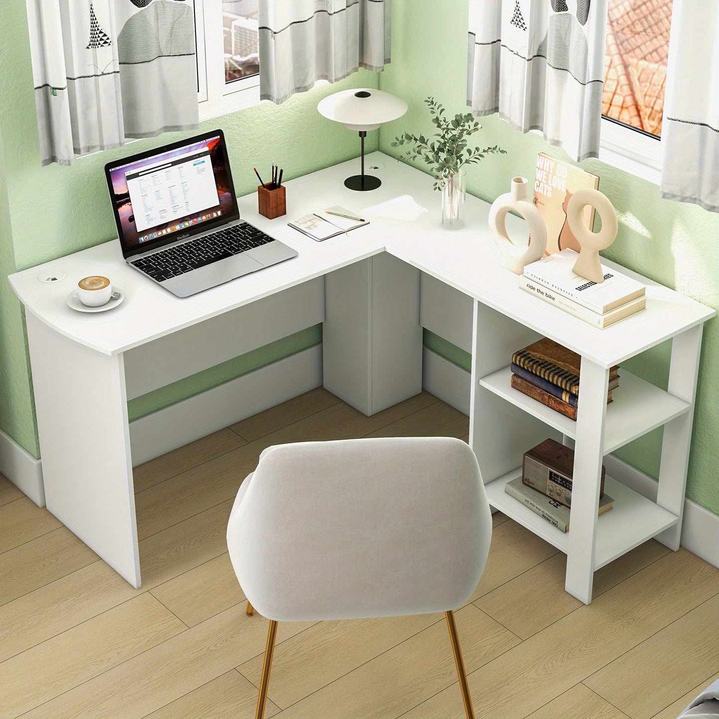 Bureau – Bureautafel – Computerbureau – Werkplek – Bureaublad – L-Vormig – Extra Breed – Kabelmanagement – Stevig Houtcomposiet – 130x130 cm – Wit