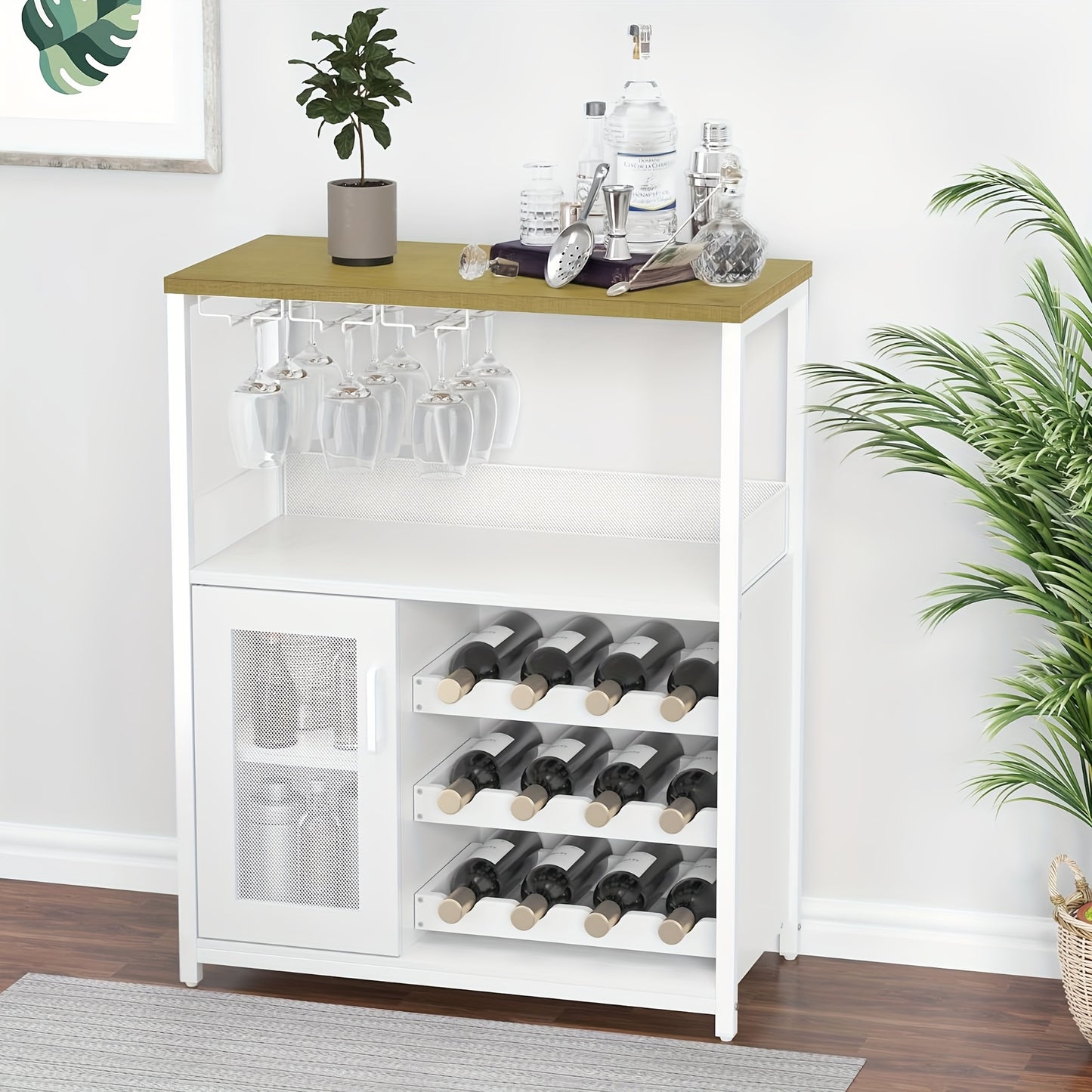 Wijnkast – Wijnrek – Wijnbar – Buffetkast – Dressoir – 3-Lagen Metalen Kast – Afneembaar Wijnrek – Vloerstaand Met Glazenhouder – Rustiek Bruin Met Gaasdeur – Makkelijk Te Monteren – Ruimtebesparend
