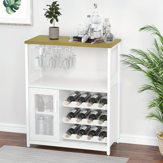 Wijnkast – Wijnrek – Wijnbar – Buffetkast – Dressoir – 3-Lagen Metalen Kast – Afneembaar Wijnrek – Vloerstaand Met Glazenhouder – Rustiek Bruin Met Gaasdeur – Makkelijk Te Monteren – Ruimtebesparend
