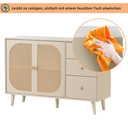 BTM Sideboard Storage Cabinet 120X40X82.5Cm, Off-White Cream with Rattan Fronts, 2 Doors & 3 Drawers, Wood Look, Modern Design for Living Room & Dining Room