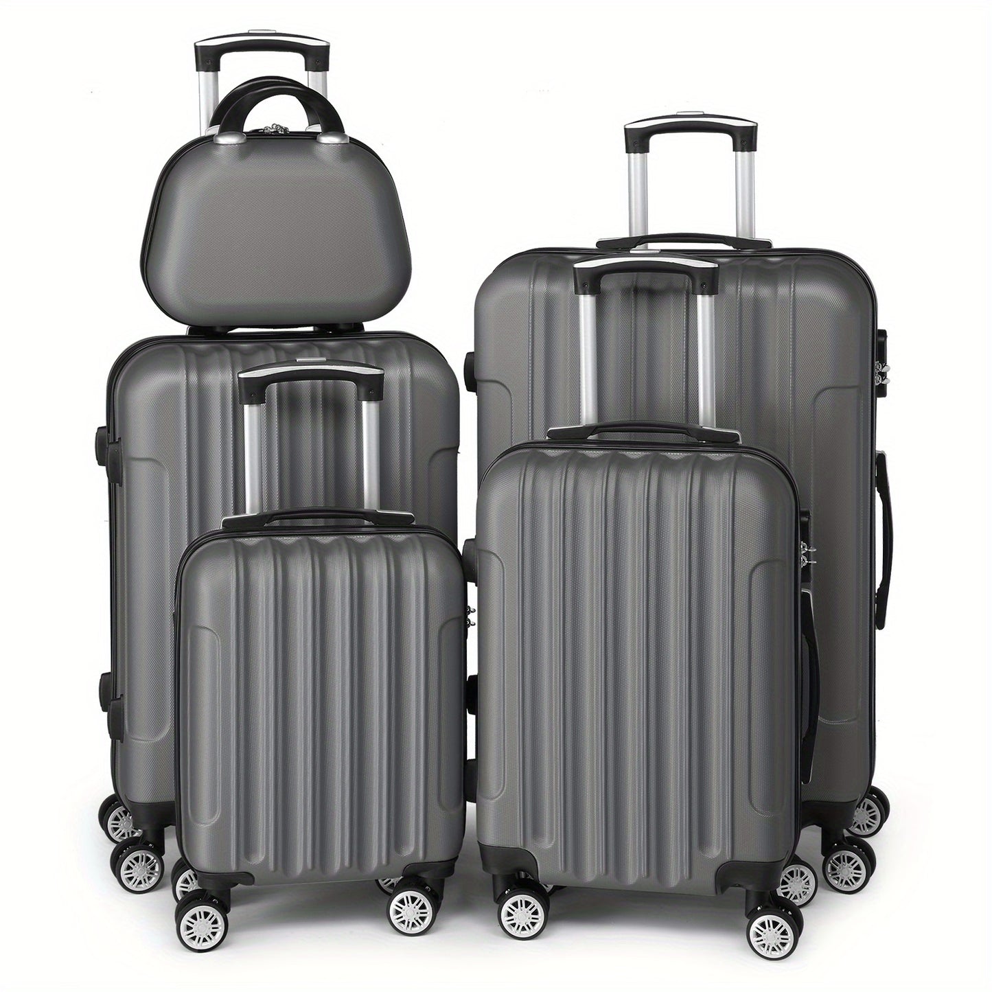 Kofferset – Reiskoffers – Trolley – Handbagage – Ruimbagage – Hardcase ABS – 360° Spinnerwielen – TSA Slot – 5-delig – Lichtgewicht – Grijs