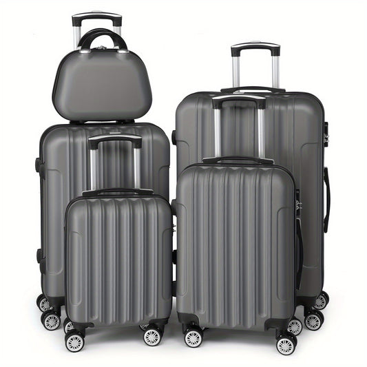 Kofferset – Reiskoffers – Trolley – Handbagage – Ruimbagage – Hardcase ABS – 360° Spinnerwielen – TSA Slot – 5-delig – Lichtgewicht – Grijs