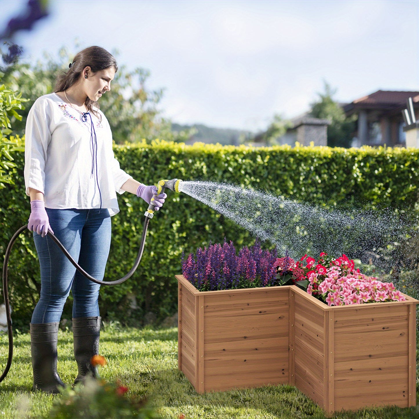 Verhoogde plantenbak – Houten plantenbak – Tuinbak – Plantenbak met poten – Bloembak – L-vorm 120x120 cm – Diepte 62 cm – Duurzaam vurenhout – Open bodem voor optimale waterafvoer