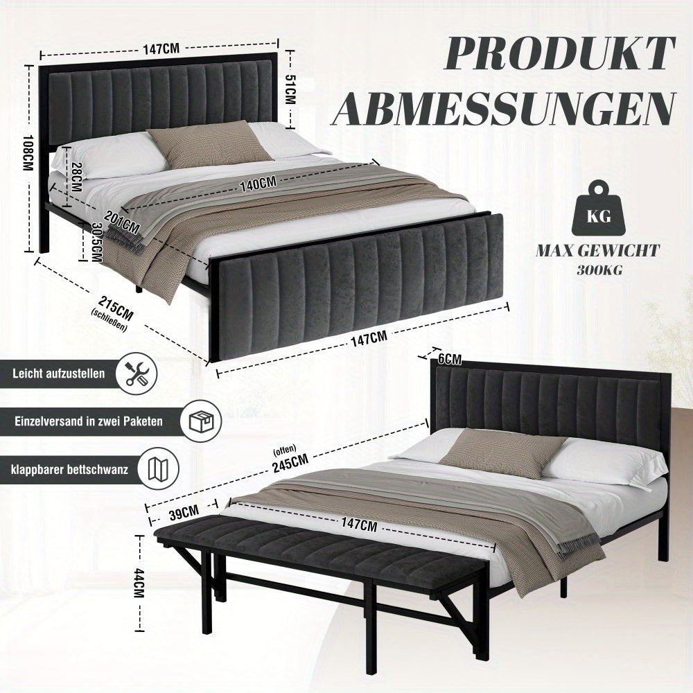 Bedframe – Tweepersoonsbed – Opbergbed – Gestoffeerd Bed – Slaapbank – Donkergrijs Fluwelen Bekleding – Inklapbare Zitbank – Hardhouten & IJzeren Frame – 140x200 cm