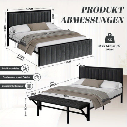 Bedframe – Tweepersoonsbed – Opbergbed – Gestoffeerd Bed – Slaapbank – Donkergrijs Fluwelen Bekleding – Inklapbare Zitbank – Hardhouten & IJzeren Frame – 140x200 cm