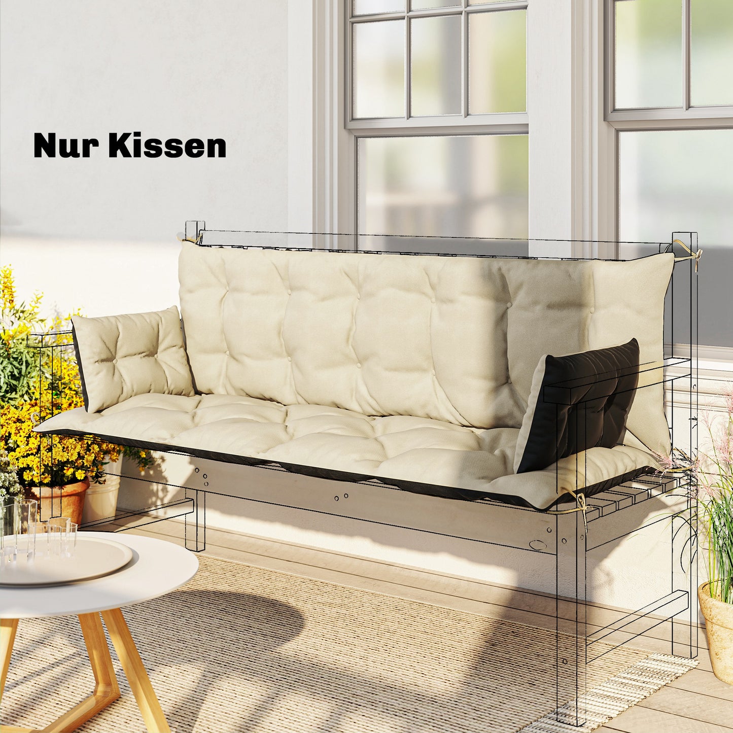 Buitenkussen – Tuinkussen – Sierkussen – Tuinstoelkussen – Bankkussen – Waterafstotend – Polyester Schuim 180x110x8 cm – Beige Zwart