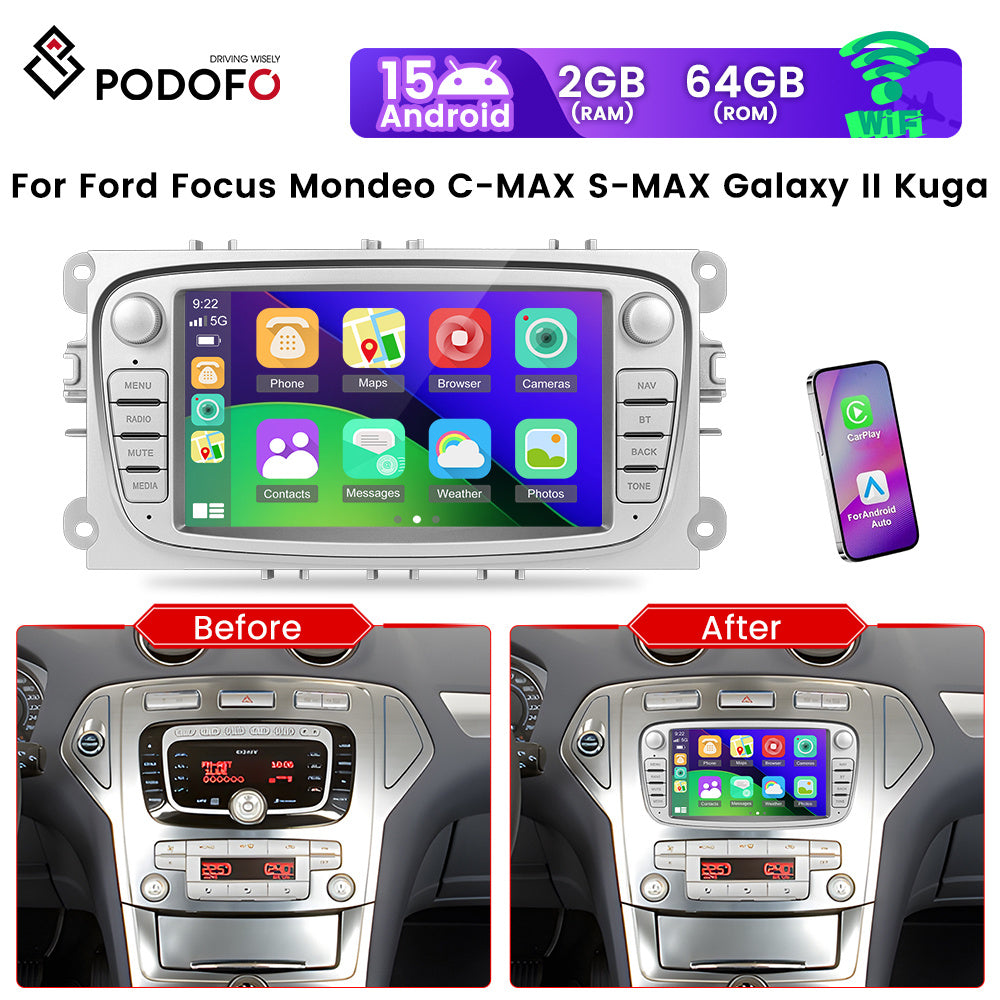 for Ford Focus II/Mondeo/S-Max/C-Max/Galaxy/Kuga Android 15 Car Stereo with 7” Touchscreen, CarPlay & Android Auto, 2G+64G, GPS, WiFi, Plug & Play, Compatible with /FM/RDS Radio (No Cable Change Required)
