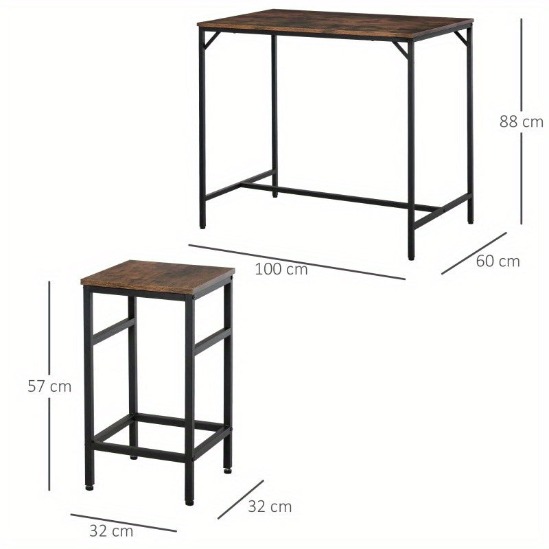 Bartafelset – Barset – Bistroset – Barkrukset – Eettafelset – Ruimtebesparend Ontwerp – Melamine Tafelblad & Stalen Frame – Rustic Bruin/Zwart – 4 Inklapbare Krukken