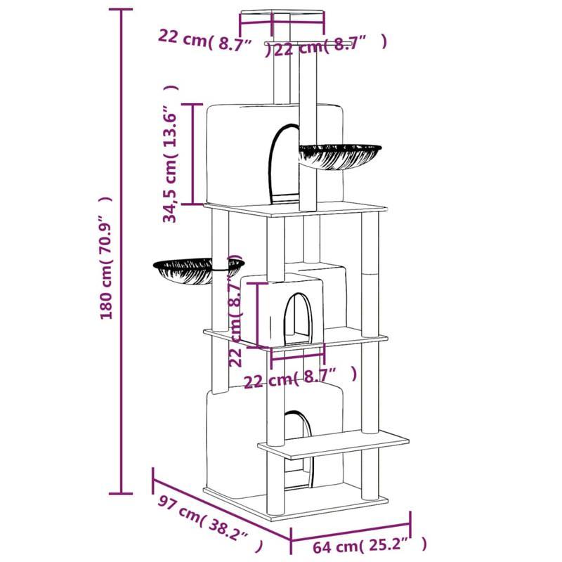 Krabpaal – Kattenboom – Klimpaal – Kattenmeubel – Krabmeubel – Donkergrijs – 180 cm Hoog – Stevig Plywood Met Sisal