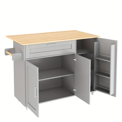 Large Mobile Kitchen Table with Foldable Countertop - Heavy-Duty Metal Construction, Space-Saving Design, 5 Casters for Easy Mobility, Modern Kitchen Island or Dining Table with Cabinet & Spice Rack - Ideal for Small Kitchens