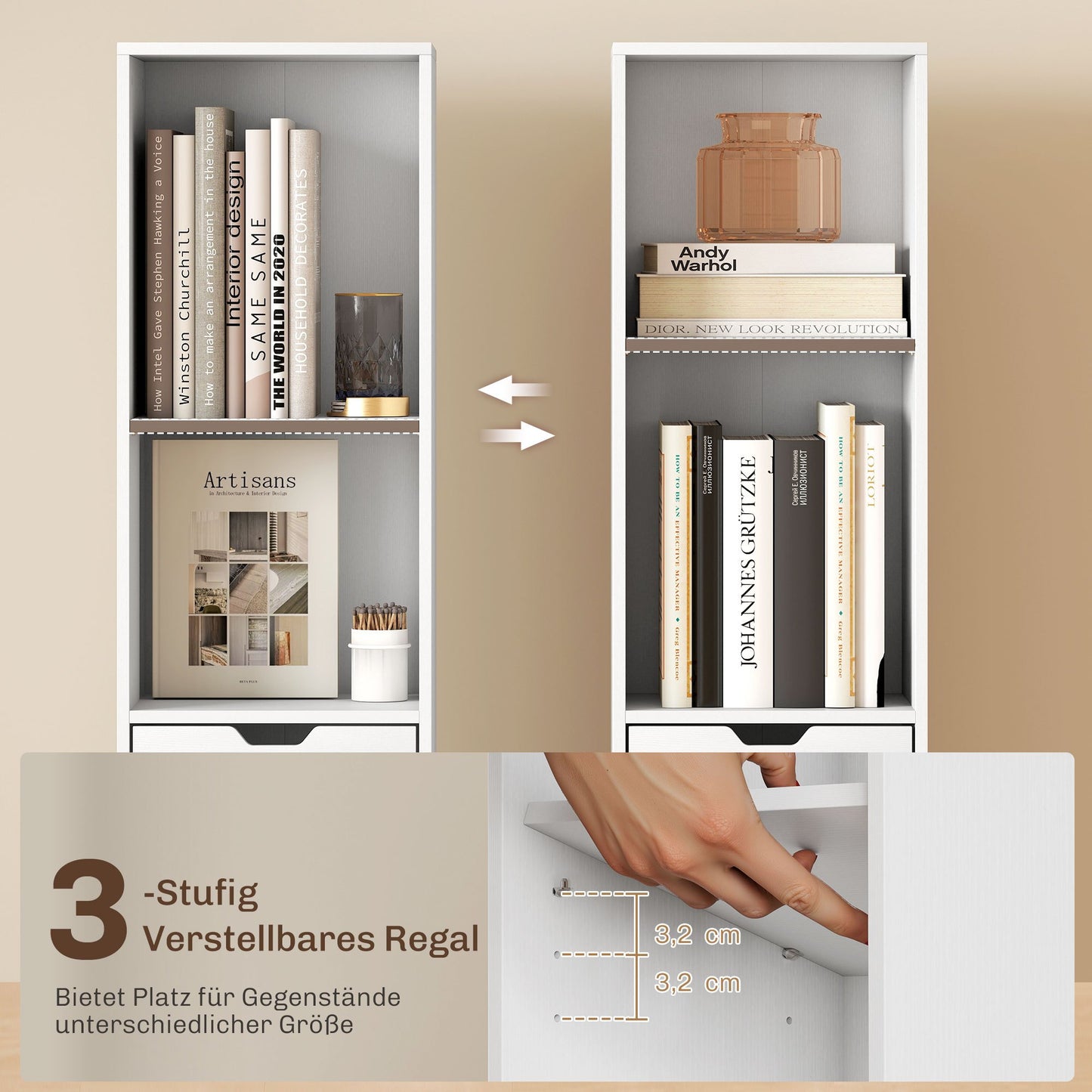 Boekenkast – Boekplank – Opbergkast – Vakkenkast – Rek – Wit – 6 Niveaus – 3-Traps Verstelbare Plank – Lade & Kastdeur