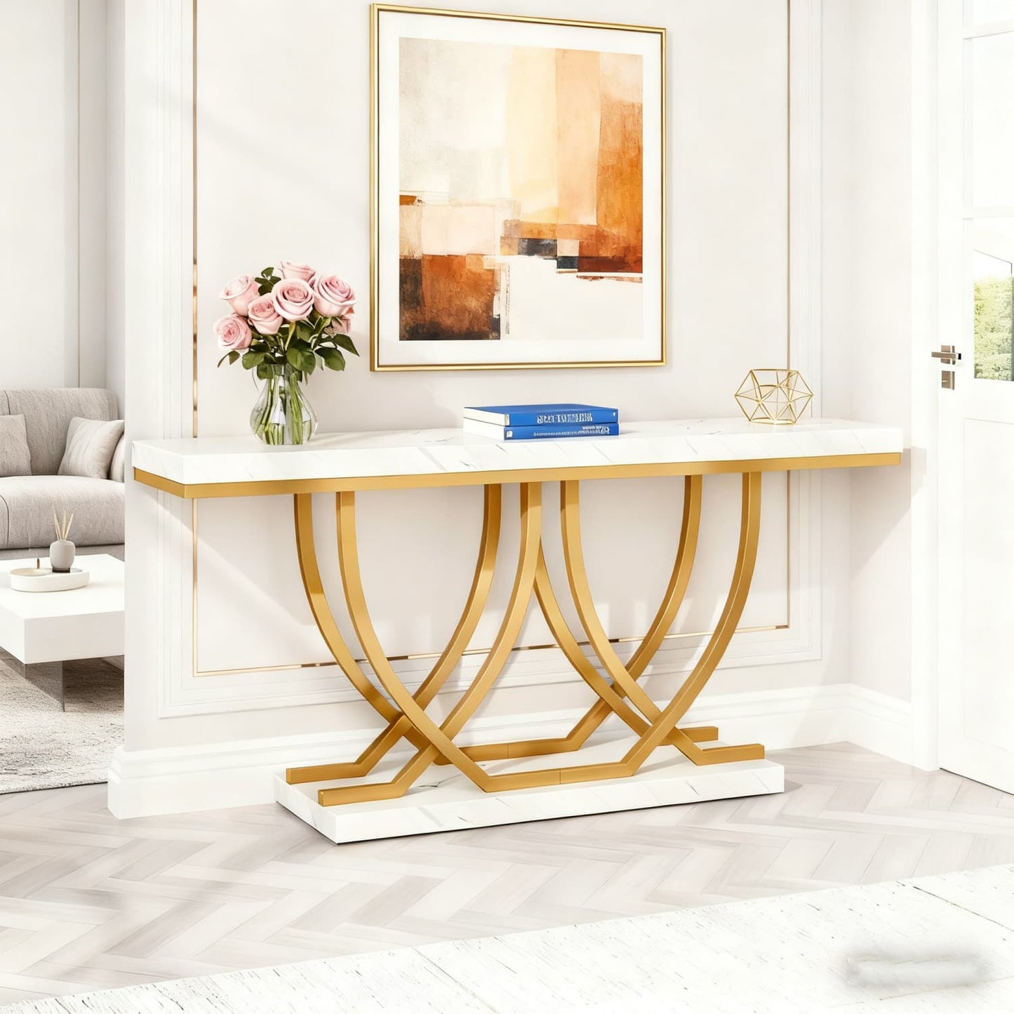 Sidetable – Consoletafel – Wandtafel – Haltafel – Bijzettafel – Wit Kunstmarmerblad – Gouden Metalen Onderstel – Stevig Hardhout & MDF – Vrijstaand & Ruim 150x35 cm