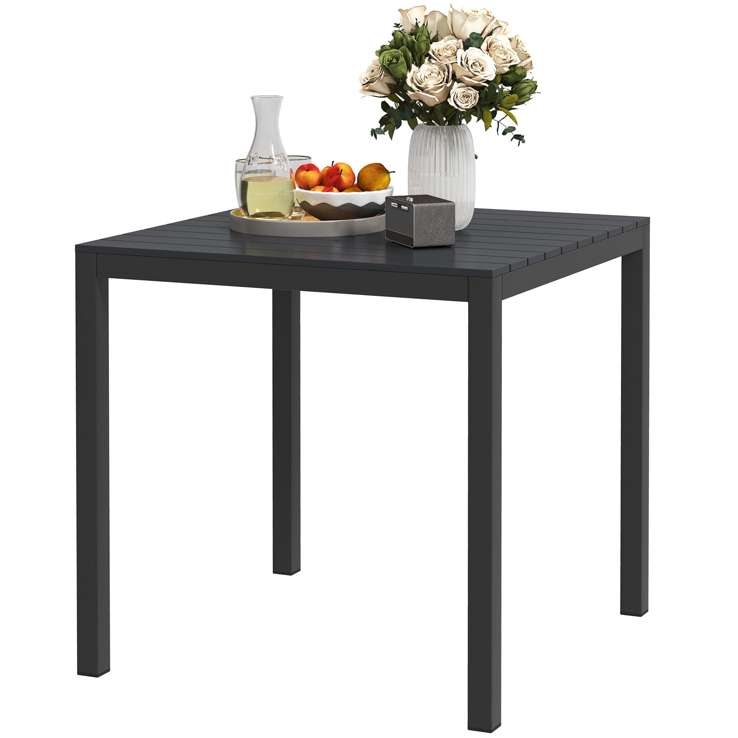 Weerbestendige Tuin- en Terrastafel – Buiten Tafel – Balkon Tafel – Camping Tafel – Tuinmeubel – Zwart – Aluminium Frame – Houtlook Kunststof Blad – 73x73 cm – Voor 4 Personen