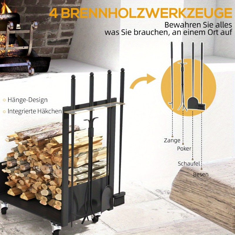 Firewood Rack – Houtopslag Rek – Houtstapelrek – Houthouder – Buitenhaard Accessoire – Metaal Zwart – Met Wielen en Zijhaken