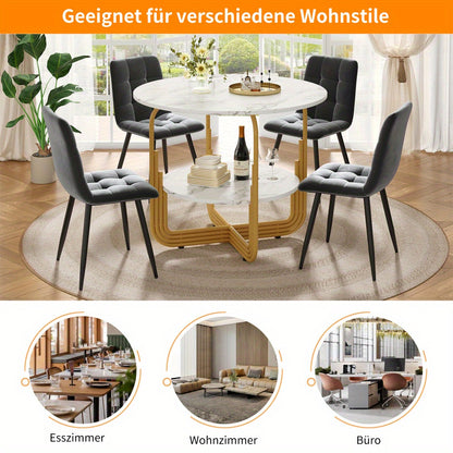 Eettafel – Ronde Tafel – Keukentafel – Woonkamertafel – Dinertafel – MDF Blad Marmerprint – Gouden Metalen Onderstel 80x80x76 cm