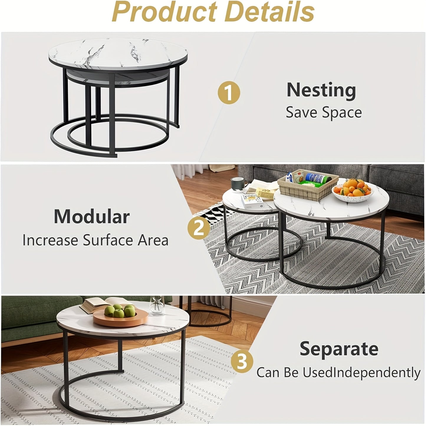 Ronde Salontafel – Bijzettafel – Tafeltje – Woonkamertafel – Set Van 2 – Modern Marmer Design – Diameter 80 + 60 cm – Zwart Met Gouden Accenten