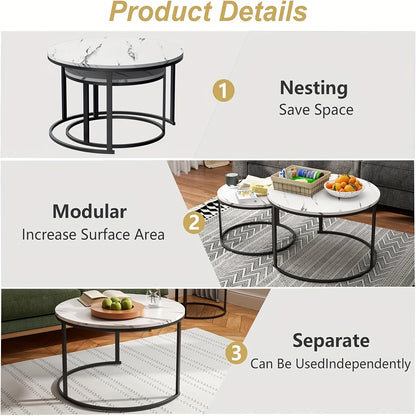 Salontafel – Bijzettafel – Koffietafel – Rond Tafelset – Modern – Marble – Set Van 2 – Diameter 80 + 60 cm – Gouden Frame – Zwart Blad