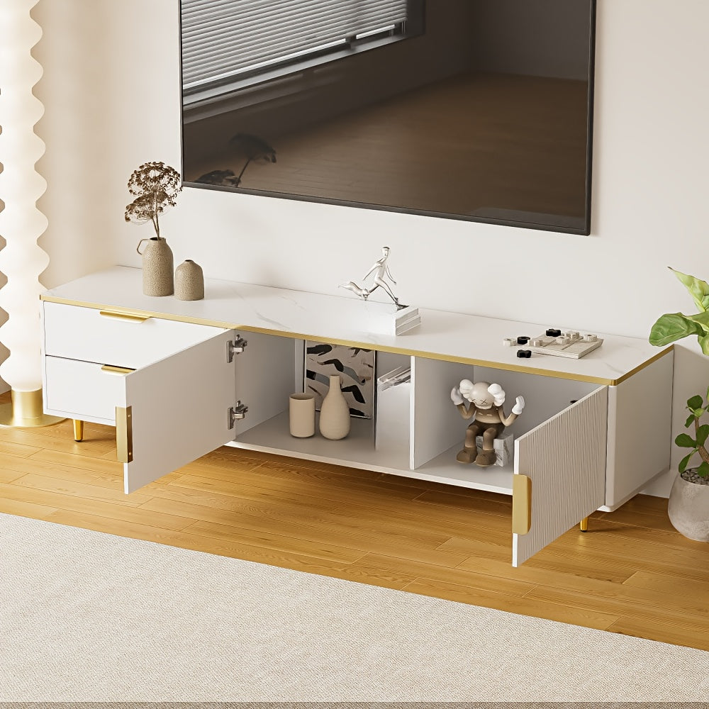 Modern White & Golden TV Stand Entertainment Center with Marble Texture & Carved Textured Undercroft Storage - Metal Construction, Golden Handles & Feet, Freestanding Media Console for Living Room, 68.58cm+ Height, 3.2+ Cubic