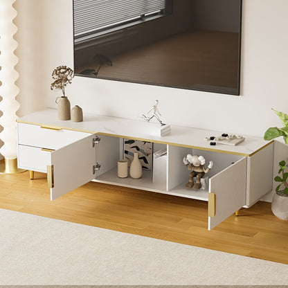 Modern White & Golden TV Stand Entertainment Center with Marble Texture & Carved Textured Undercroft Storage - Metal Construction, Golden Handles & Feet, Freestanding Media Console for Living Room, 68.58cm+ Height, 3.2+ Cubic