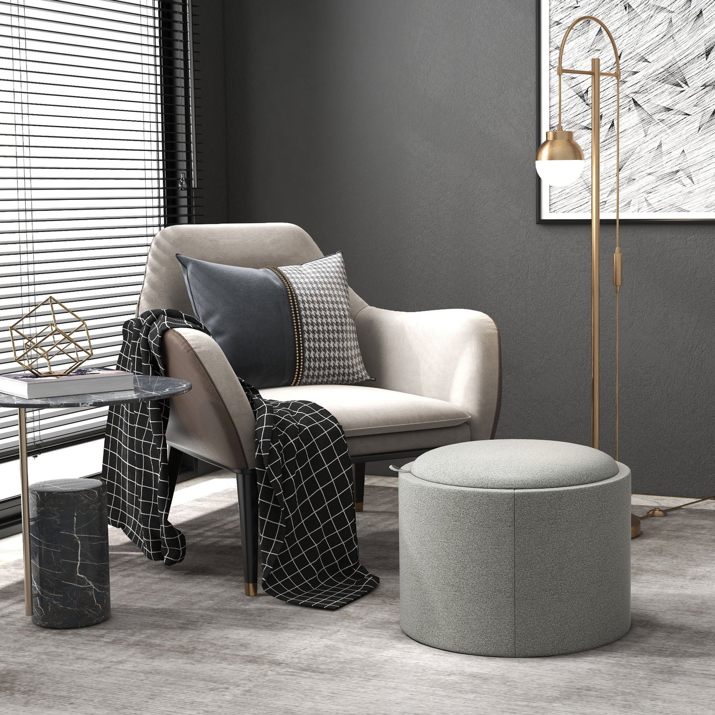 Poef – Ottoman – Zitzak – Hocker – Kruk – Met Opbergruimte – Omkeerbaar Deksel – Linnen Bekleding – 56x56x42 cm – Grijs Met Houten Pootjes