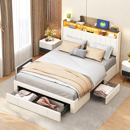 Fluwelen Bed 160x200 – Tweepersoonsbed – Slaapbank – Opbergbed – Led Bed – Met 4 Metalen Lades – Ingebouwde Usb Poorten – Verstelbaar Hoofdeinde