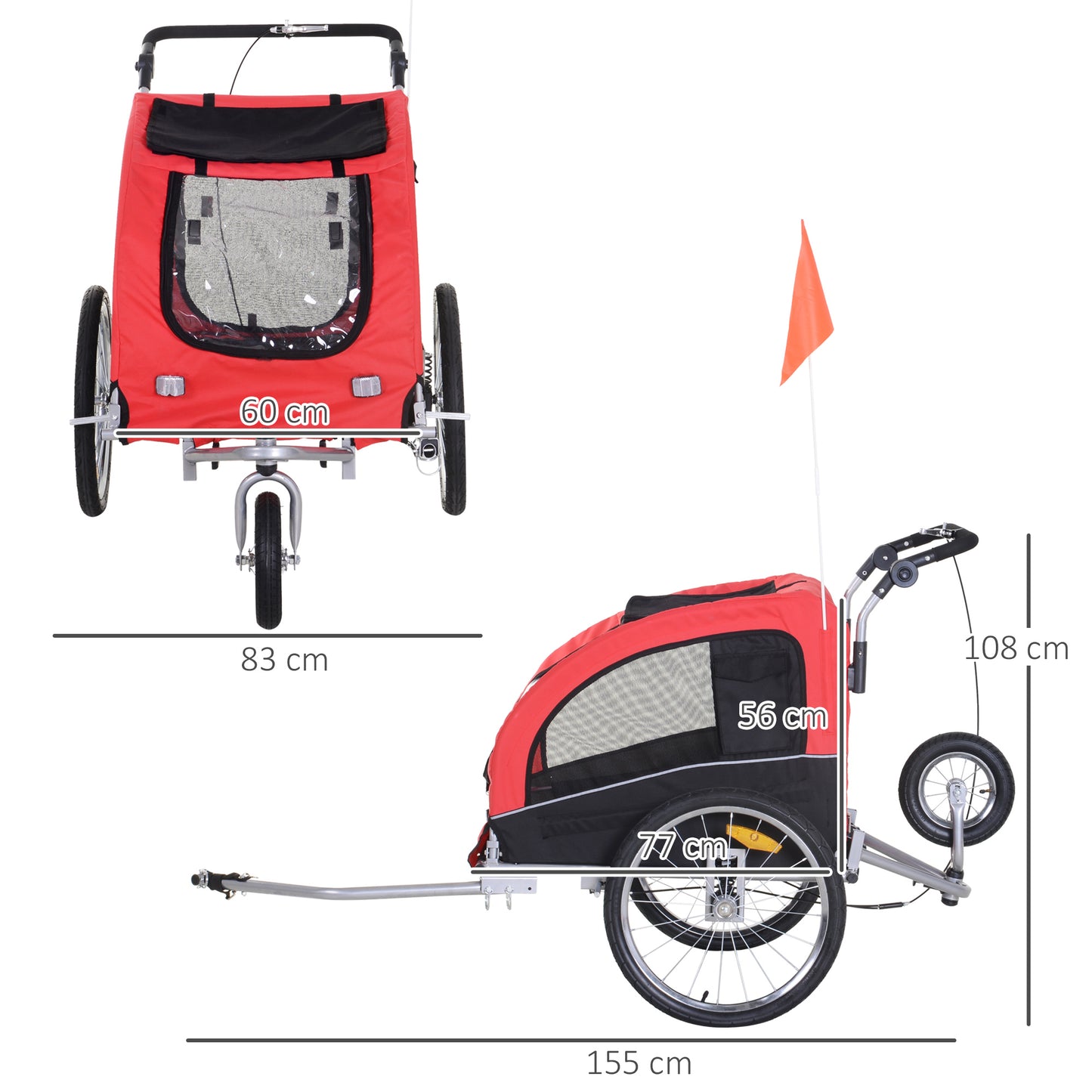 Fietskar Huisdieren – Hondenfietskar – Fietsaanhanger – Jogger – Hondenbuggy – 2-in-1 Ontwerp – Waterafstotend 600D Oxford – 360° Draaibaar Voorwiel – Veiligheidsharnas – Reflectoren – Rood/Zwart