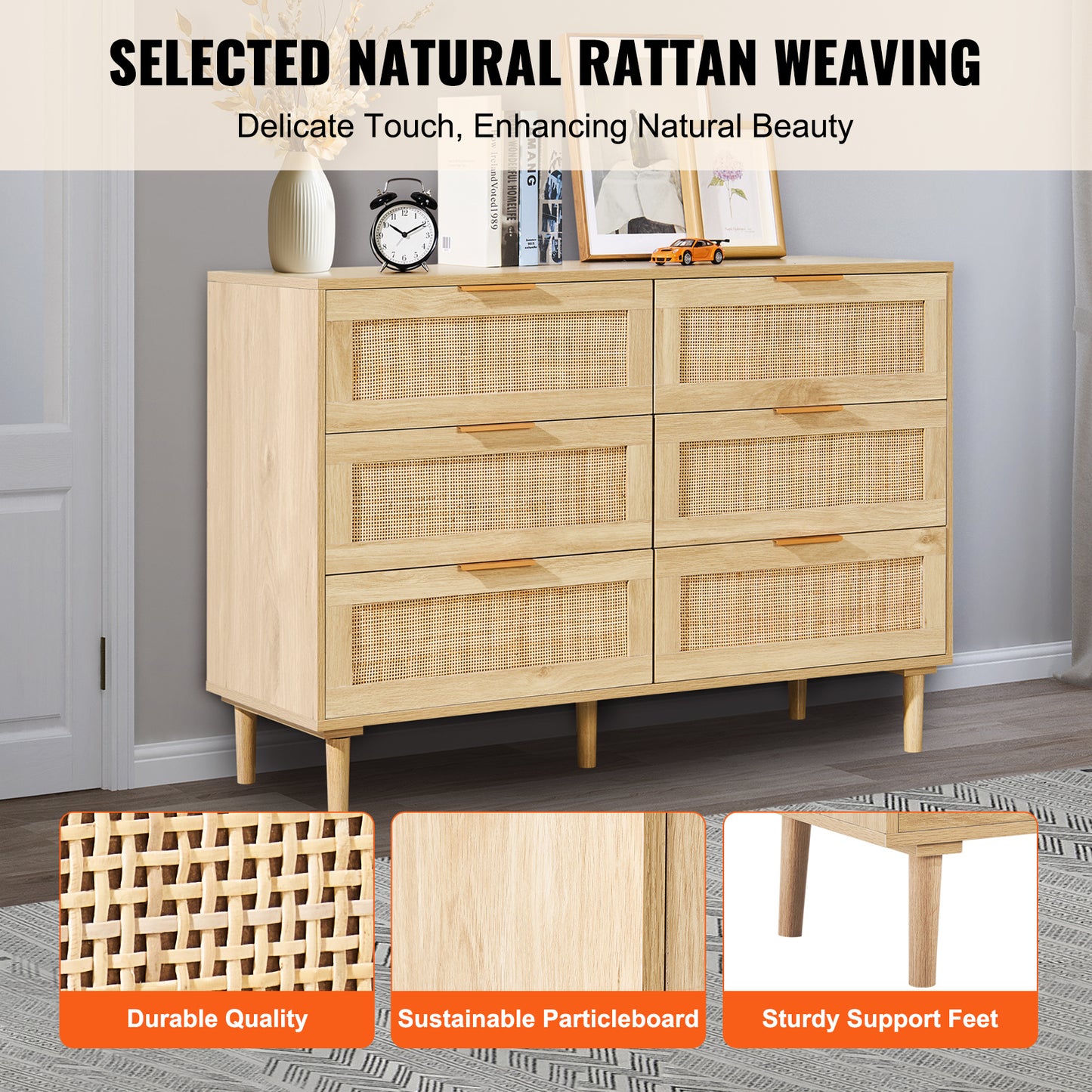 Rattan Commode – Ladekast – Kast – Dressoir – Opbergkast – Naturel Hout – 6 Ruime Lades Met Duurzaam Rattan En Anti-Omvalbeveiliging