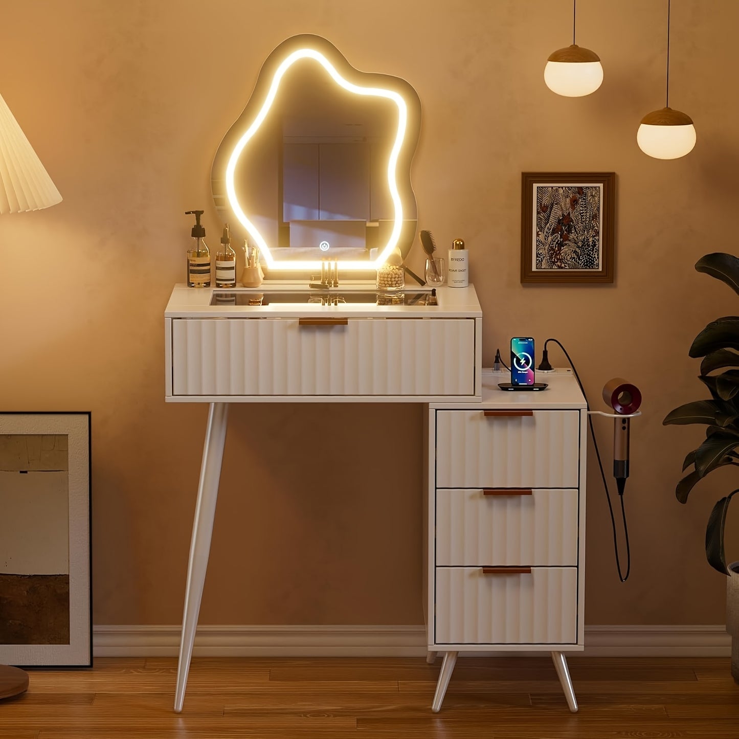 Kaptafel – Make-up Tafel – Opmaaktafel – Cosmeticatafel – Witte Kaptafel – Glazen Blad – 4 Lades – 80x40x128 cm