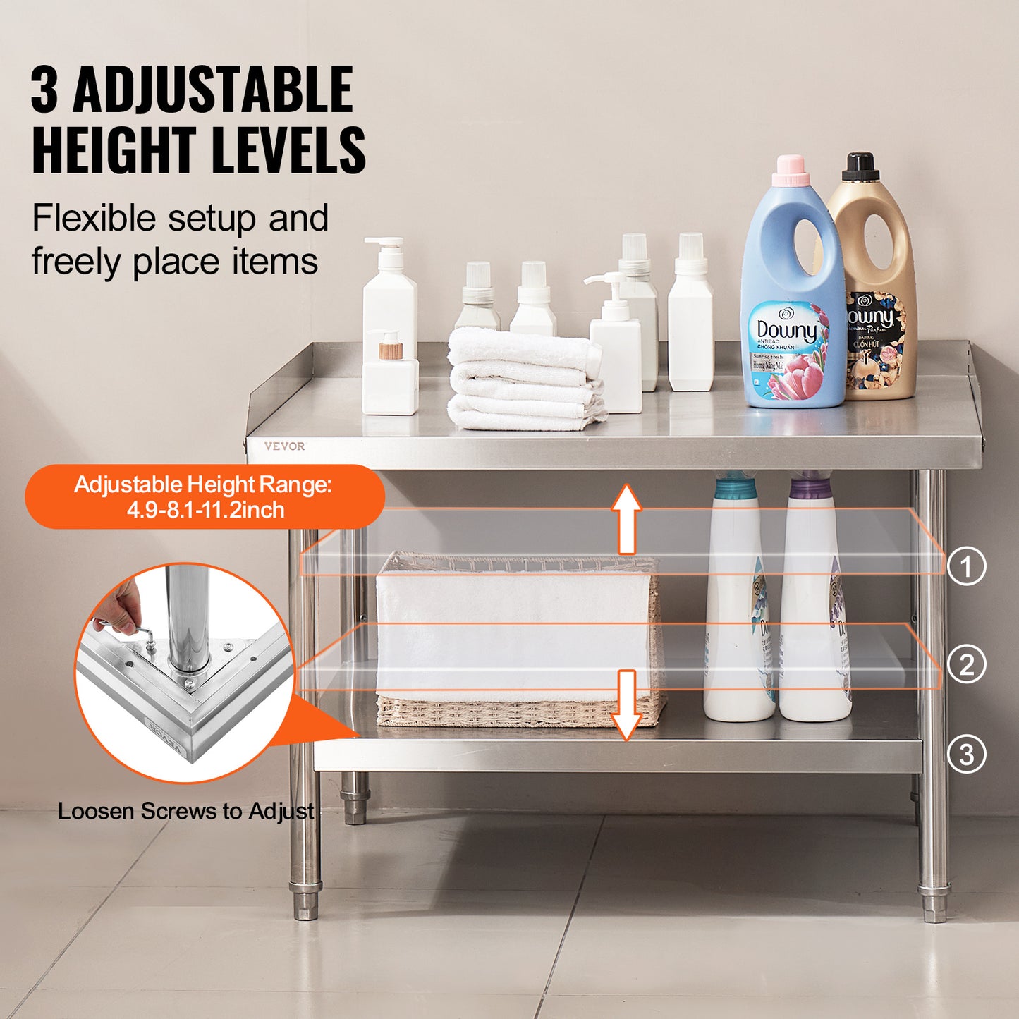 Werktafel – Werkbank – Opbergtafel – Preparatietafel – Roestvrij Staal – 3-zijdige Opstaande Rand – Verstelbare Legplanken