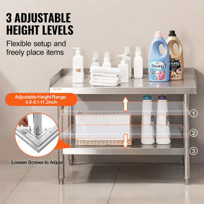 Werktafel – Werkbank – Opbergtafel – Preparatietafel – Roestvrij Staal – 3-zijdige Opstaande Rand – Verstelbare Legplanken
