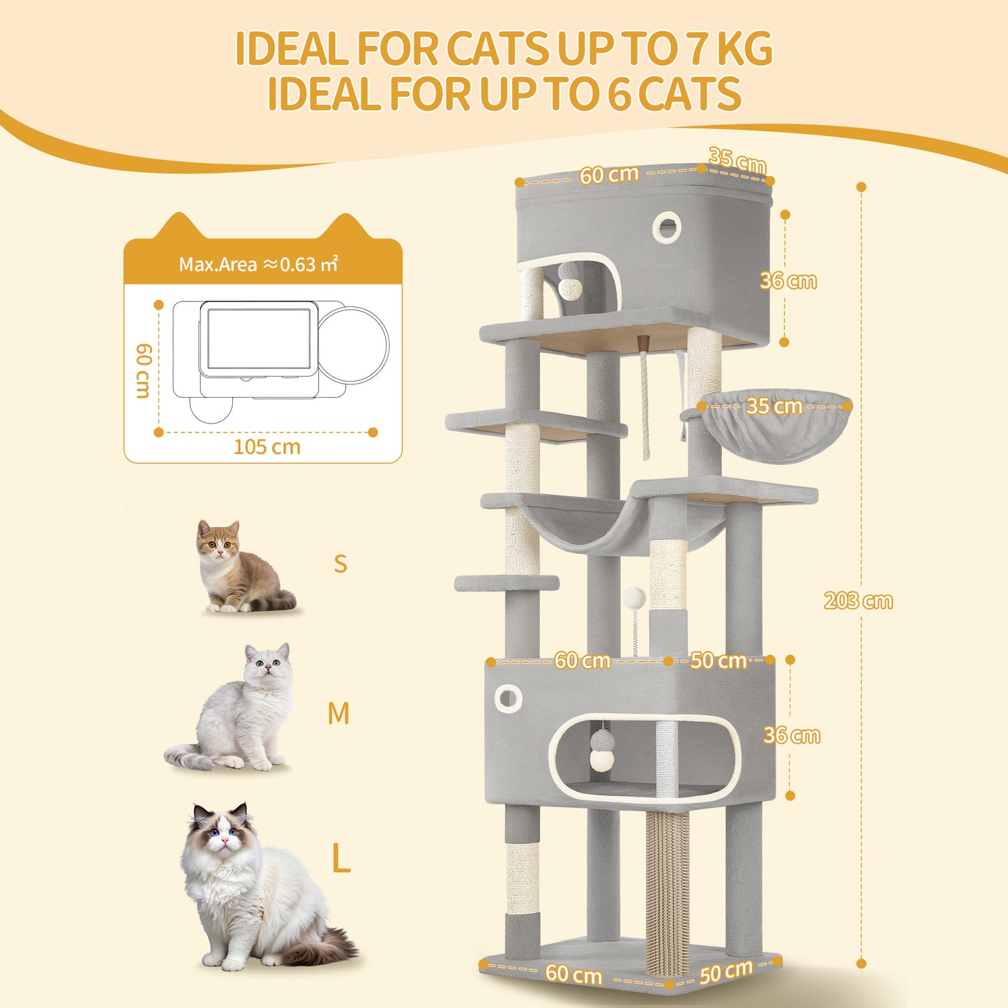 Krabpaal – Kattenboom – Kattenmeubel – Kattenhuis – Krabtoren – 203 cm Hoog – 7 Sisal Krabpalen Met Grote Platforms En Holletjes – Lichtgrijs/Donkergrijs/Beige
