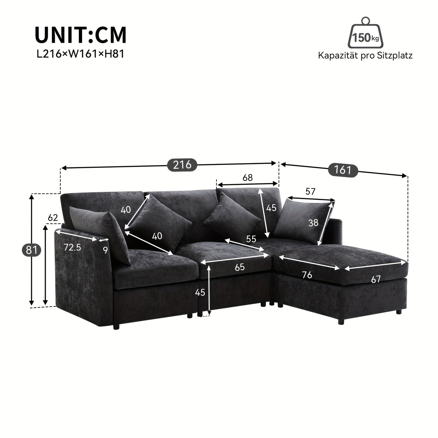 Hoekbank – Hoeksalon – L-Vormige Bank – Loungebank – Slaapbank – Chenille Stof – Met Losse Voetenbank – Stevig Metalen Frame – Geschikt Voor 3-4 Personen