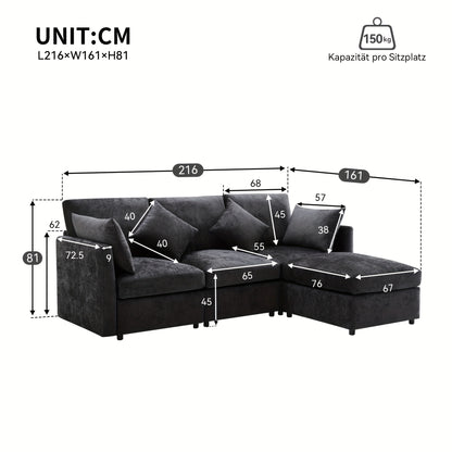 Hoekbank – Hoeksalon – L-Vormige Bank – Loungebank – Slaapbank – Chenille Stof – Met Losse Voetenbank – Stevig Metalen Frame – Geschikt Voor 3-4 Personen