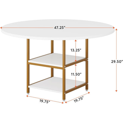 Ronde Eettafel – Keukentafel – Tafel Voor Eetkamer – Kleine Eettafel – Ronde Keukentafel Wit Goud – 47 Inch Voor 4 Personen – Met 2-Delige Opbergruimte – Duurzaam Engineered Hout