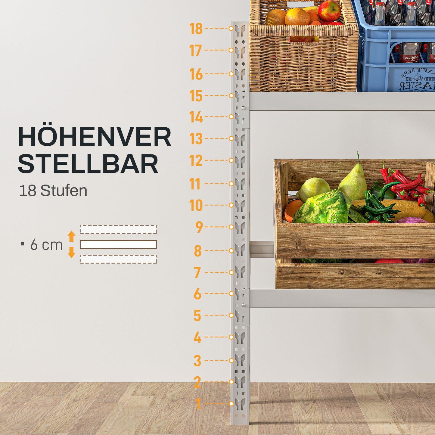 Drankenkistenrek – Bewaarkastje – Opbergrek – Krattenrek – Stelling – Wit Stalen Frame – Verstelbare Hoogte – 110x30x110 cm – 6 Kratten capaciteit