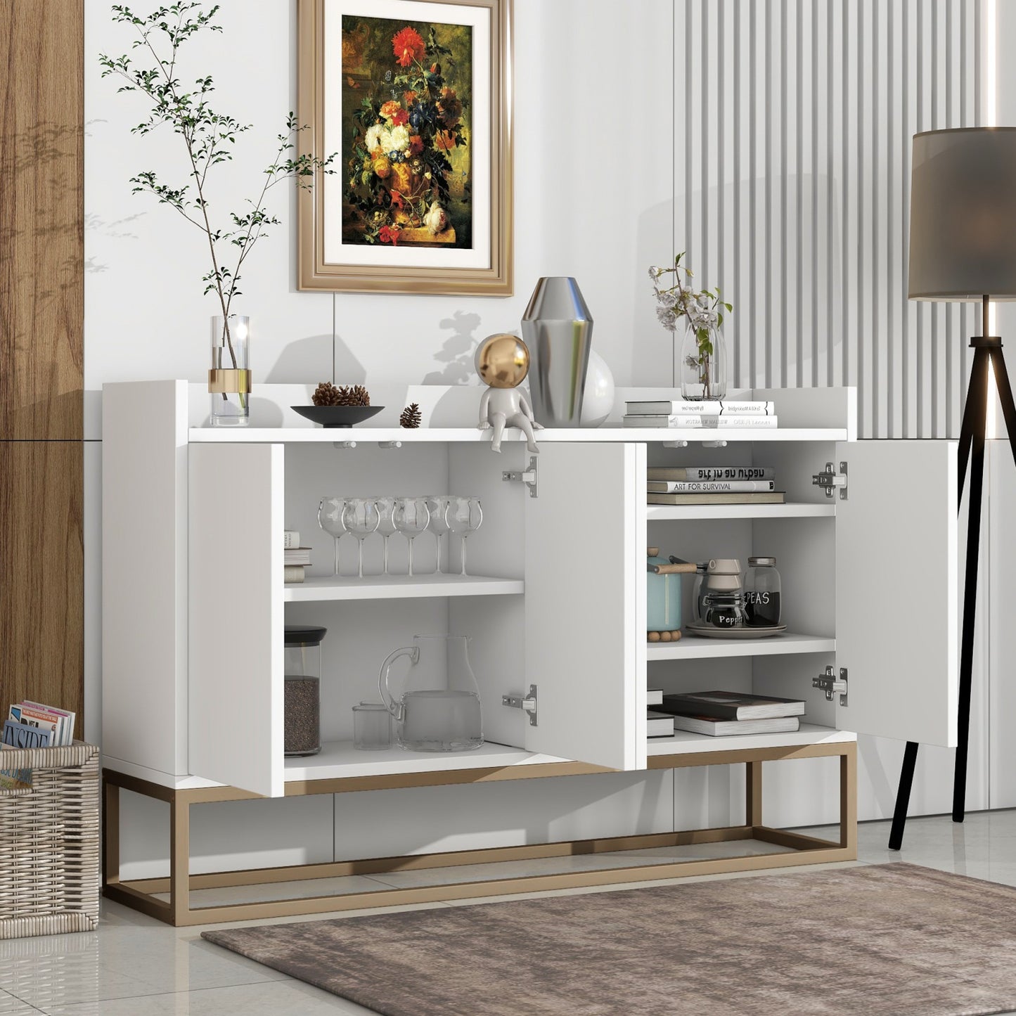 Wit Dressoir – Sideboard – Opbergkast – Buffetkast – Kast – 4-Deurs Handenvrij Design – Verstelbare Legplanken & Metalen Poten – 120x30x80 cm