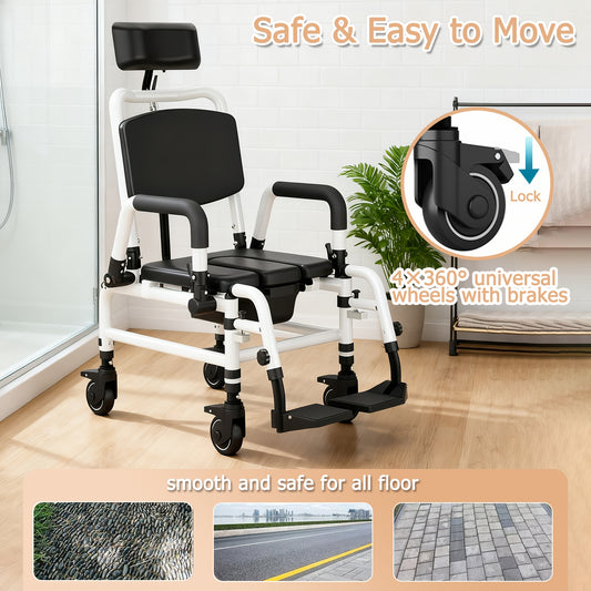 Reclining Shower Chair With Wheels, Mobile Shower Chair With Thickened Soft Seat Cushion, Backrest And Flip-up Armrests, Extra-wide Seat, 90°-140° Adjustable Tilt Bedside Commode Chair, Suitable For The Elderly And Disabled