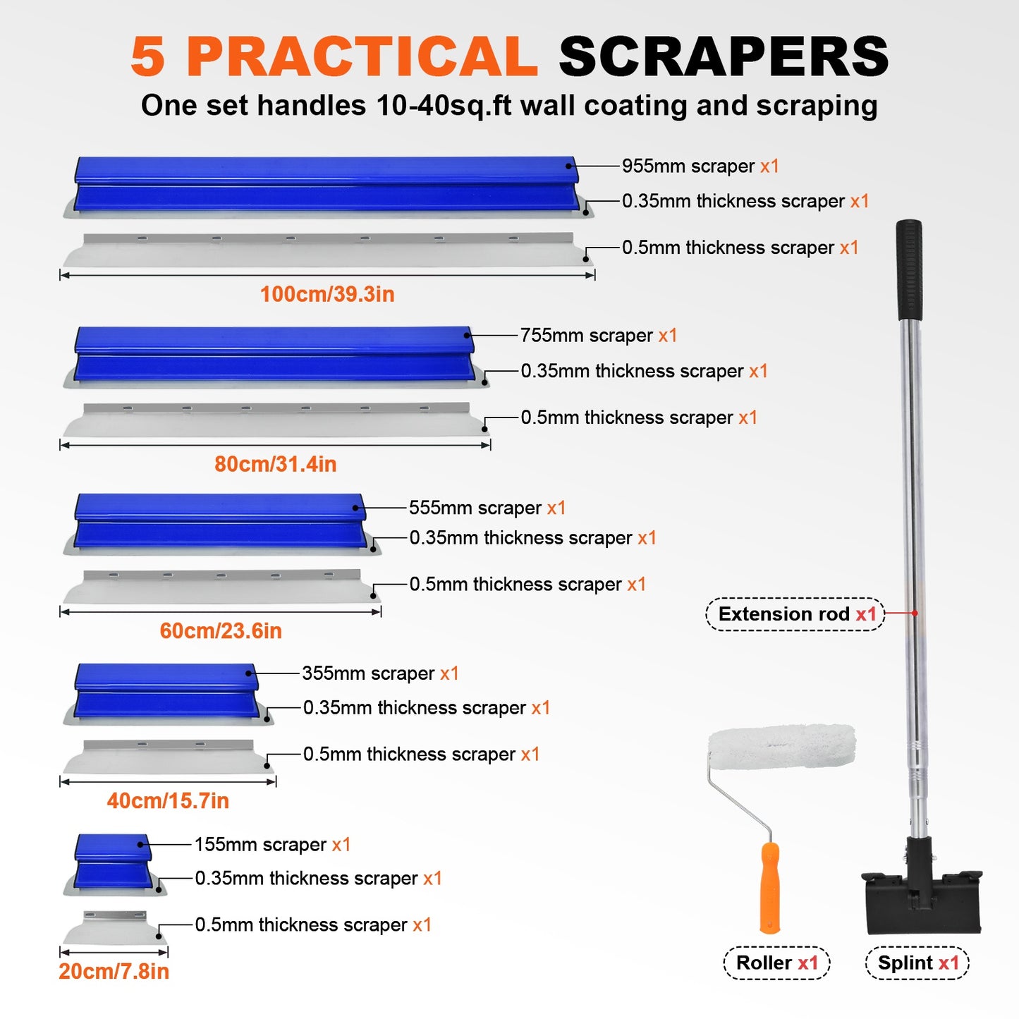 Gipsplaat Gereedschapset – Stucspatel Set – Plamuurmes – Schuurspatel – Muur Reparatie Gereedschap – Blauw – Telescopische Steel 86-270 cm – 5 Breedtes Met Opbergkoffer