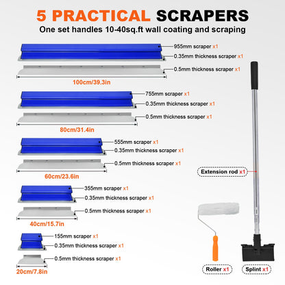 Gipsplaat Gereedschapset – Stucspatel Set – Plamuurmes – Schuurspatel – Muur Reparatie Gereedschap – Blauw – Telescopische Steel 86-270 cm – 5 Breedtes Met Opbergkoffer