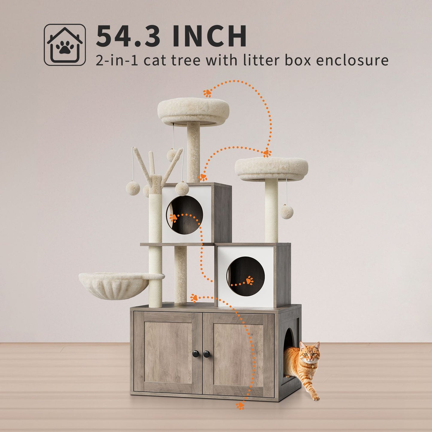 Kattenmeubel – Kattenbakkast – Kattenklimtoren – Krabpaal – Kattenhuis – Multi-level Design – Verstopte Kattenbakruimte – Spaanplaat Natuurlijke Eikenlook