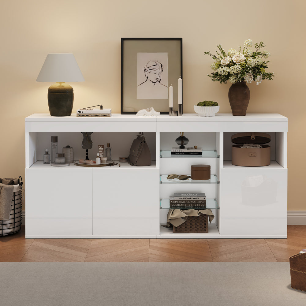 Modern Minimalist Handle-Look-Free Cabinet Suitable for Small Spaces - 3-Door Glass Shelf Storage Unit, Metal Frame Contemporary Sideboard for Living Room, Dining Room, Sofa - Assembly, Wood-Free (Some Assembly Required)