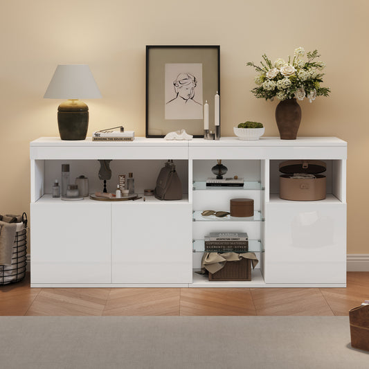Modern Minimalist Handle-Look-Free Cabinet Suitable for Small Spaces - 3-Door Glass Shelf Storage Unit, Metal Frame Contemporary Sideboard for Living Room, Dining Room, Sofa - Assembly, Wood-Free (Some Assembly Required)