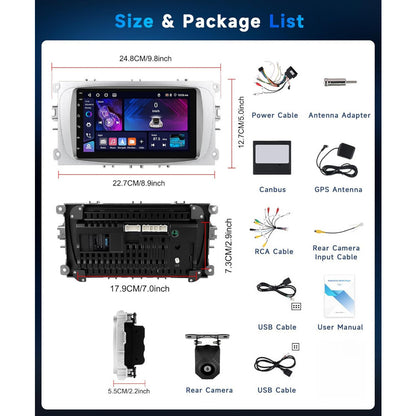 PODOFO [4G + 64G] Car Radio Android 15 for Ford Focus II Mk2 Mondeo 9 S-Max C-Max Galaxy, 17.78 cm HD Touchscreen Car Radio with Wireless Carplay Android Car GPS Wi-Fi USB Bluetooth 5.0 FM RDS Camera, Merry Christmas Gifts, B