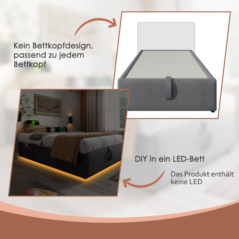 Eenpersoonsbed 90x200 cm – Bedframe – Opbergbed – Stalen Bed – Slatbodem – Stijlvol Modern – Comfortabel Stevig