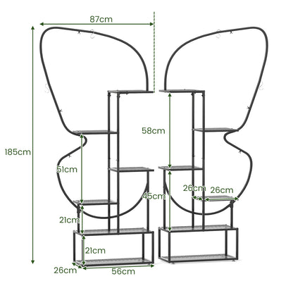Plantenstandaard – Plantenrek – Bloemenrek – Plantenhouder – Plantenmeubel – Set Van 2 Zwarte 6-Laagse Standaards – 185 cm Hoog – 12 Metalen Roosterplanken Met 4 Haken