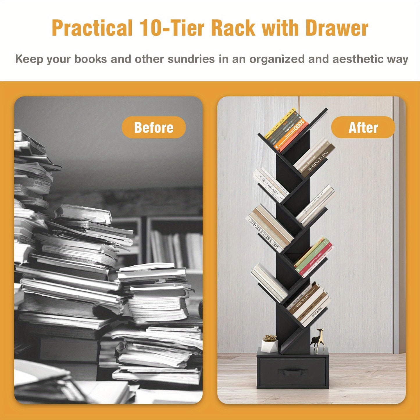Boomboekenkast – Boekrek – Opbergkast – Boekenplank – Kast Met Lade – Zwart Resin – 8 Planken – Ruimtebesparend Design