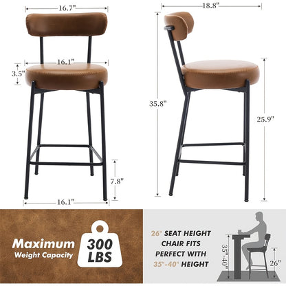 Set of 2 Mid-Century Modern Bar Stools | With Backrest and Footrest, 66cm Seat Height, Metal Frame and Faux Leather, Vintage Style for Kitchen, Bar, Dining Room, Home Bar, Cafe Bridge